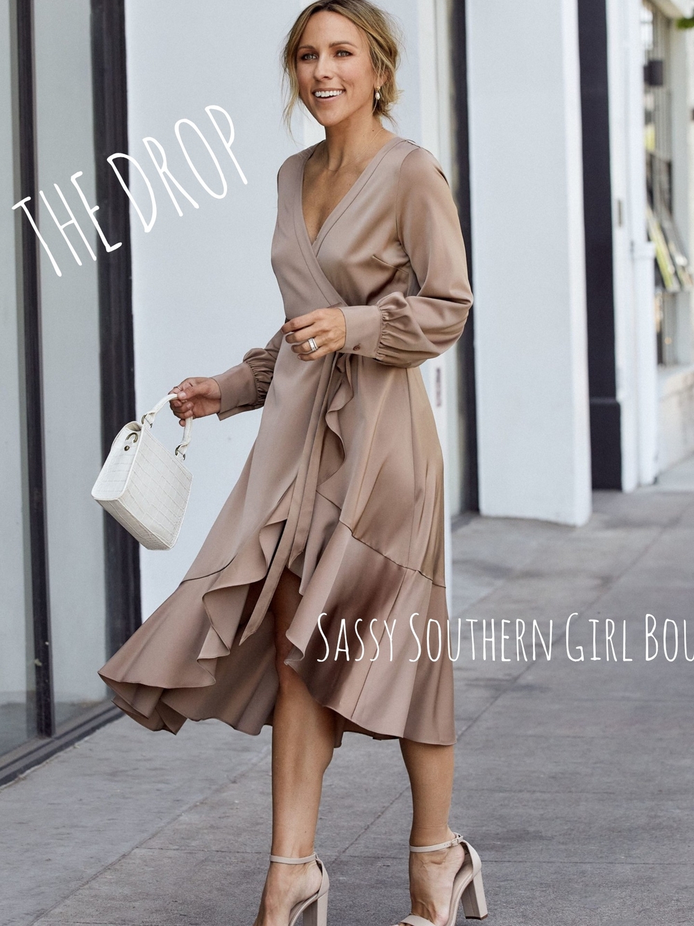 ⭐🆕The Drop Taupe Mocha Ruffle Wrap Midi Dress